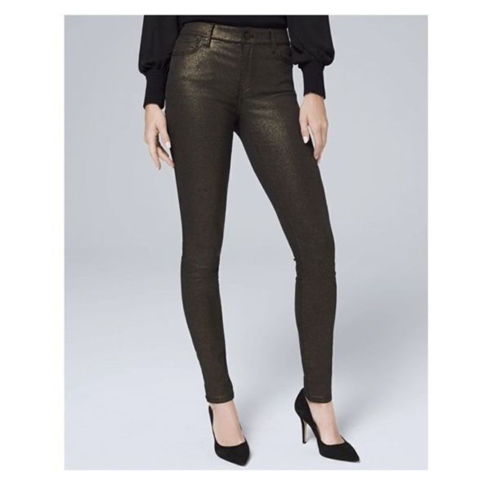 White House Black Market Women's Metallic Gold Foil Skinny Ankle Jeans Size 0